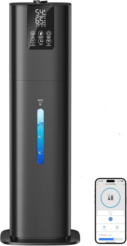 8L Smart Humidifier Large Room Bedroom Home, Quiet Top Fill Cool Mist Humidifier with Diffuser, Night Light, 3 Speed Humidifiers with 360° Nozzle, Timer, Humidity Setting for Plants Office Yoga Baby