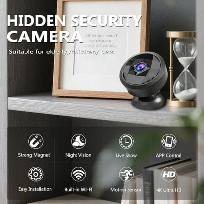 4K Indoor Hidden Camera, WiFi Mini Cam Night Vision Motion Alerts (Black)