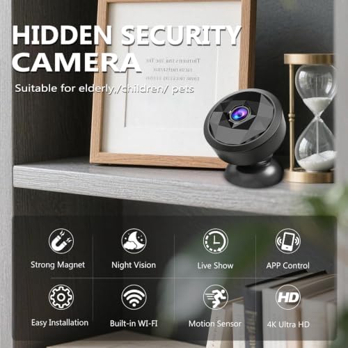 4K Indoor Hidden Camera, WiFi Mini Cam Night Vision Motion Alerts (Black)