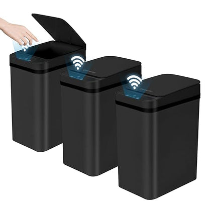 3 Pack Bathroom Trash Can with Lid, 2.5 Gallon Small Slim Trashcan, Automatic Trash Can Touchless, Motion Sensor Waterproof Plastic Trash Bin for Bedroom Kitchen Office Living Room (Black)