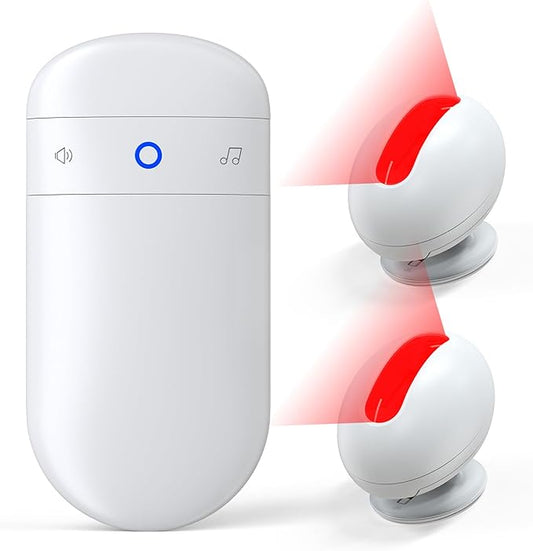 Wireless Motion Sensor Doorbell -Indoor Motion Detector Alarm, Door Chime for Business/Store/Office Entrance, Entry Alert Bell with Buzzer, USB/Battery Powered (1 Receiver + 2 Motion Sensor)