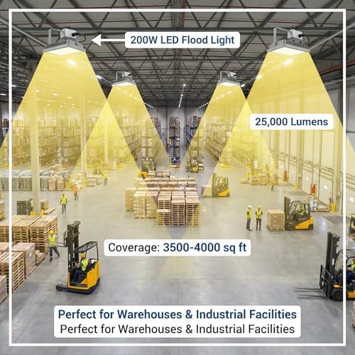 XXBSAZ 200W LED Flood Lights Outdoor 25000LM 6500K Daylight, AC85-265V, IP66 Waterproof, Super Bright Commercial Stadium Lights, White Plug in Work Lights for Parking Lot Sports Tennis Courts