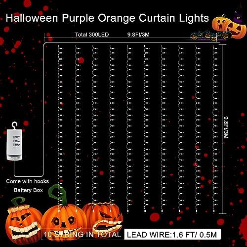 echosari Halloween Curtain Lights Battery Operated 300 LED Purple Orange