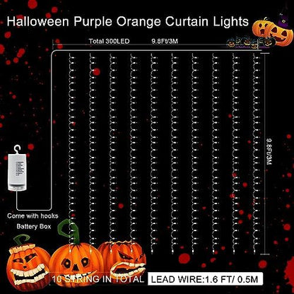 echosari Halloween Curtain Lights Battery Operated 300 LED Purple Orange