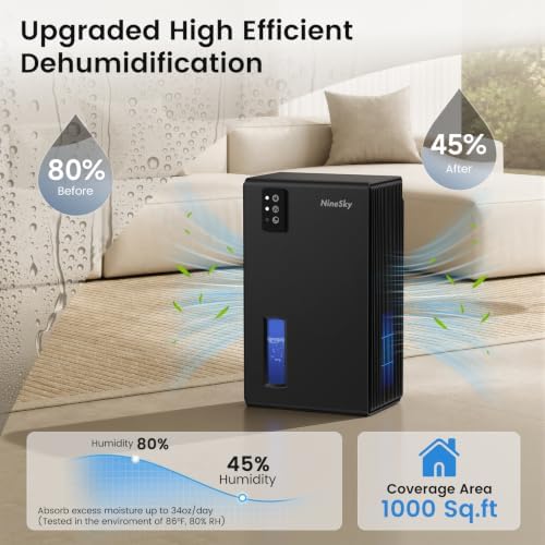 NineSky Dehumidifiers for Home, 1000 Sq.Ft Dehumidifier with 95oz Water Tank, Quiet Dehumidifier for Basement Bathroom Bedroom with 7-Color Ambient Light & Auto Shut Off, Black