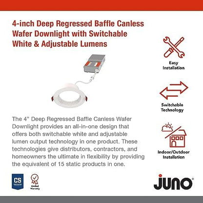 Juno 4" Canless Wafer LED Light, 5-in-1 CCT, Deep Regressed Baffle Trim