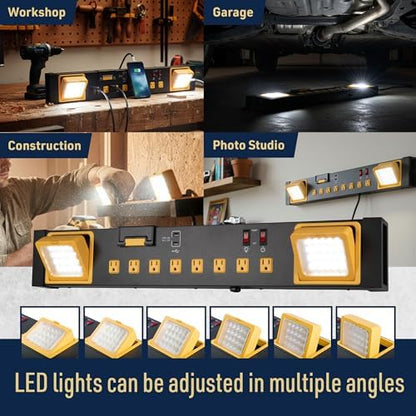 Power Strip with USB Ports and 8 Outlets - UL Listed Metal Power Strip Wall Mount Multi Plug with LED Work Light, 6ft Cord and 15A Circuit Breaker and Overload Protection by Kings County Tools