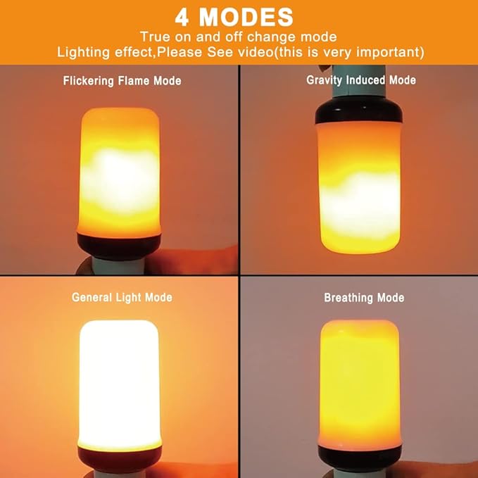 Bitrue LED Flame Effect Light Bulb, 4 Modes Flame Light Bulbs, E26 Base Fire Light Bulb with Gravity Sensor,Flickering Light Bulbs Halloween Home Party(4 Pack)