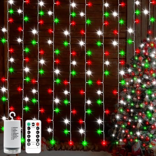 echosari Red White and Green Christmas Curtain Lights Battery Operated