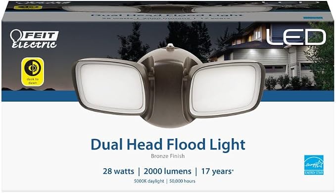Feit Electric 28W Dusk to Dawn Dual Head Outdoor LED Security Flood Light, 2000 Lumens, 5000K Daylight, Adjustable Heads, Wet Location Rated, 50,000-Hour Lifetime, Bronze Finish, S9DFL/850/DD/BZ/V1