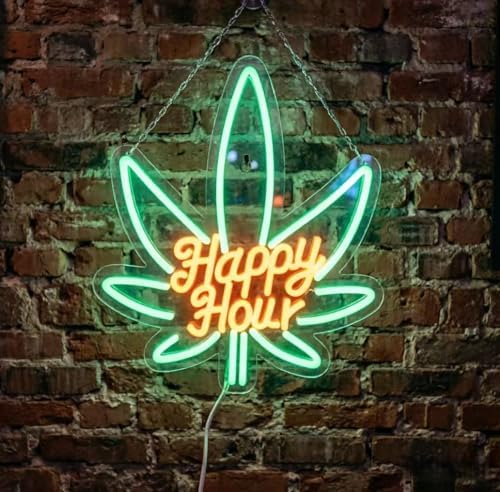 Happy Hour Neon Sign, USB 5V Powered LED Silicone Strip Neon Light, Acrylic Board Wall Decor for Bar Pub Man Cave Home Party, Non-Waterproof Indoor Use Only, Marijuana Neon Signs for Wall Decor
