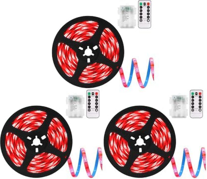 echosari LED Strip Lights Battery Powered, 90 LED Red 2835 SMD Strip Lights 9.8 Ft Cuttable Self-Adhesive Strip Lights with Remote Timer for Outdoor Indoor Party Bedroom Decoration (Pack of 3)