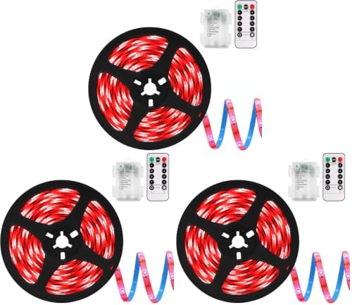 echosari LED Strip Lights Battery Powered, 90 LED Red 2835 SMD Strip Lights 9.8 Ft Cuttable Self-Adhesive Strip Lights with Remote Timer for Outdoor Indoor Party Bedroom Decoration (Pack of 3)