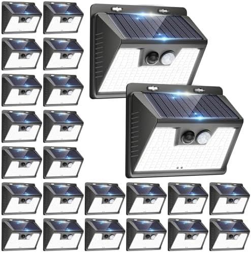 Peasur Solar Powered Lights Outdoor, 140 LED 24Pack Motion Sensor Light Outside, IP65 Waterproof Fence Security Lighting with 3 Modes for Yard Wall Garden Cool White