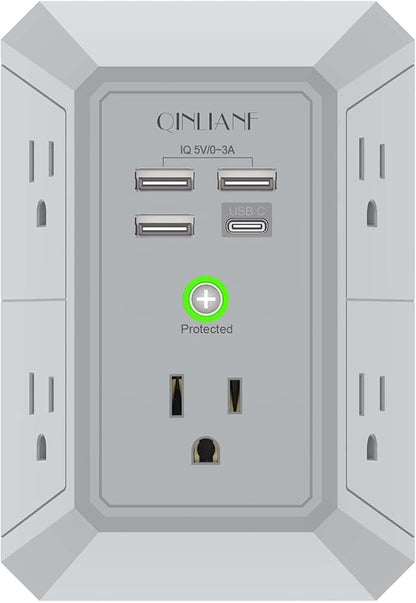 USB Wall Charger, Surge Protector, QINLIANF 5 Outlet Extender with 4 USB Charging Ports(3U1C) 3-Sided 1680J Power Strip Multi Plug Outlets Wall Adapter Spaced for Home Travel Office, Grey