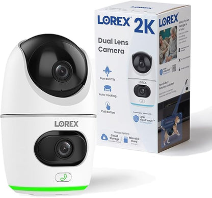 Lorex 2K Dual Lens Indoor Wi-Fi Security Camera | Auto-Tracking | 360° Pan-Tilt | Person & Pet Detection | IR Night Vision | 2-Way Talk | Call Button | Cloud & Local Storage (SD Card not Included)