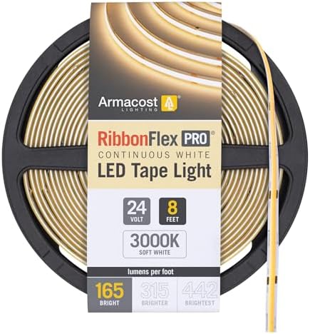 Armacost Lighting RibbonFlex Pro 24V White COB LED Strip Light Tape 3000K, 165 Lumens/Ft, 2.5M 171210