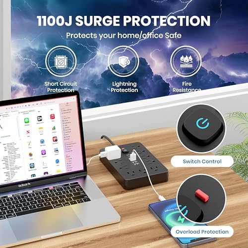 2 Pack JouleLoom Power Strip Surge Protector with 11 Outlets, 4 USB and 2 USB C Ports, 5 Ft Extension Cord, Flat Plug, Wall Mount, Overload Protection Desk USB Charging Station for Home, Office