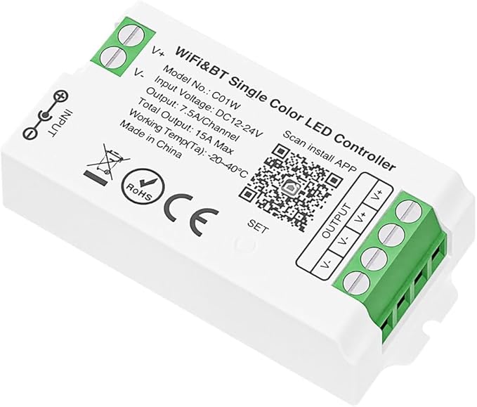 C01W 2PIN LED Strip Single Color Dimmer 2.4 GHz WiFi Group Controller Alexa Google Home,Smartphone APP Control Compatible with RC03RF WR02RF FUT006 B1 Mi-Boxer/Mi-Light Dim Remote,DC12-24V