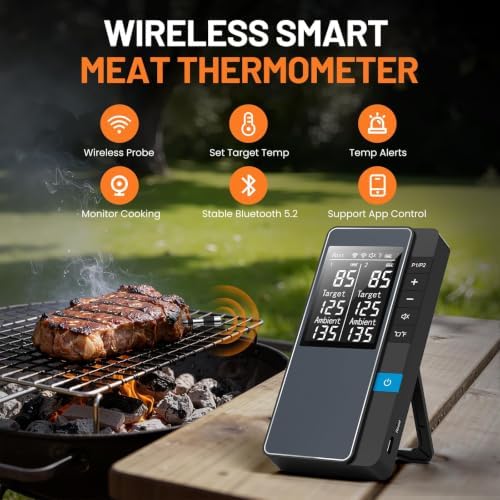 Smart Bluetooth Wireless Meat Thermometer, Real-Time Monitoring Control Digital Thermometer with Smart App, 2 Meat Probes IP67 Waterproof High Accuracy Perfect for BBQ, Oven, Grill & Smoker