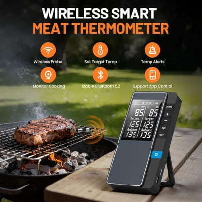 Smart Bluetooth Wireless Meat Thermometer, Real-Time Monitoring Control Digital Thermometer with Smart App, 2 Meat Probes IP67 Waterproof High Accuracy Perfect for BBQ, Oven, Grill & Smoker
