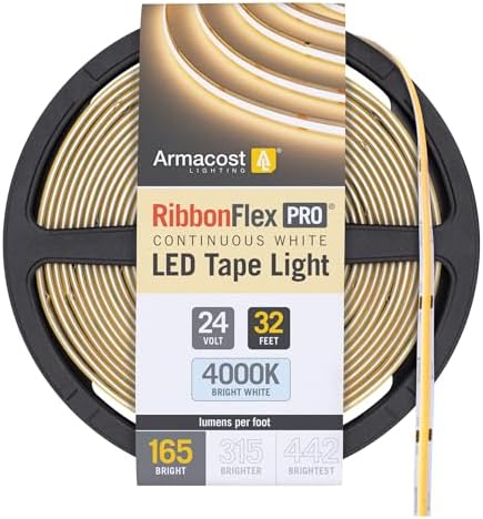Armacost Lighting RibbonFlex Pro 24V White COB LED Strip Light Tape 4000K, 165 Lumens/Ft, 10M 171350