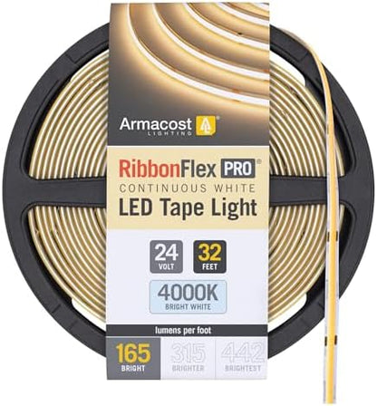 Armacost Lighting RibbonFlex Pro 24V White COB LED Strip Light Tape 4000K, 165 Lumens/Ft, 10M 171350