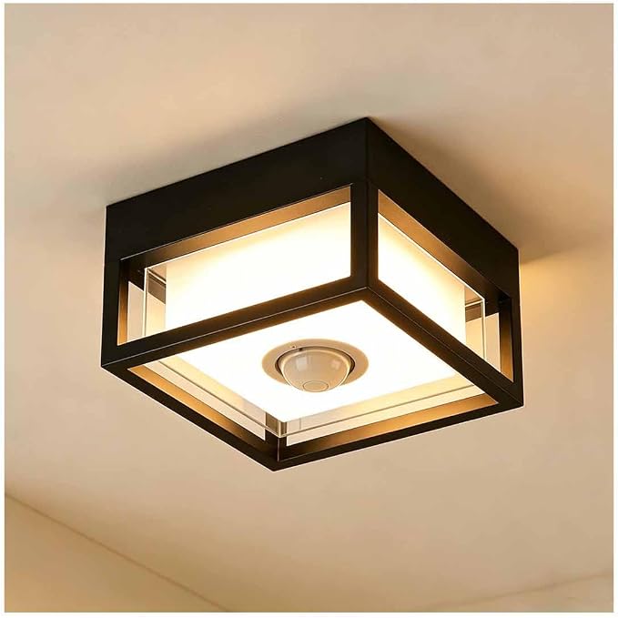 Outdoor Ceiling Light with Motion Sensor, IP65 Waterproof 6.3 inch Porch Lights Outdoor, 20W 3000K LED Square Exterior Wall Lamp for Patio Balcony Terrace