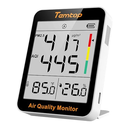 Temtop Air Quality Monitor with Indoor Thermometer & Thermo-Hygrometer – PM2.5, AQI, Temperature and Humidity Meter for Home, Office, Nursery, School, 60-Day Battery Life