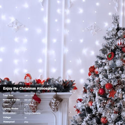 echosari 9.8Ft×9.8ft Curtain Lights Battery Operated with Remote Cool White