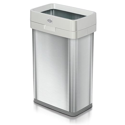 Clorox 13 Gallon Trash Can - 50L Slim Open Top Garbage Bin for Commercial Spaces, Kitchen, Office - Narrow Rectangular Stainless Steel Body with Hinged Rim Protection