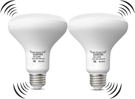 LUXON 9W BR25 Radar Motion Sensor Light Bulbs, Detector Dusk to Dawn 90W Equivalent,Smart Led Lamp Lighting,Indoor Outdoor Auto On/Off E26 Base Soft White 2700K