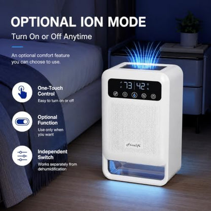 Frizzlife DH80 Dehumidifier with 135oz Water Tank, Small Dehumidifiers With Auto Shut Off For Bedroom, Bathroom, Home, Low-Noise Quiet Sleep Mode with Timer, 7 Colors Light, White