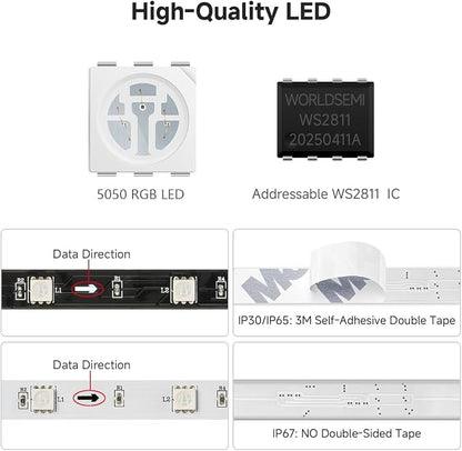 BTF-LIGHTING WS2811 Addressable RGB LED Strip 16.4FT 150LED DC12V IP65 | 50Pixels IC=RGB+IC UL Listed Black PCB Flexible Chasing Effect for Indoor Home Decor,3M Tape(No Adapter or Controller)