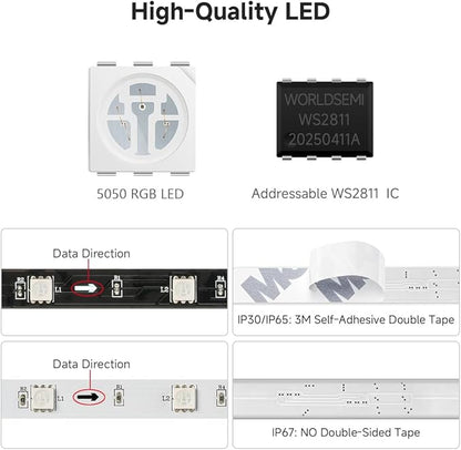 BTF-LIGHTING WS2811 Addressable RGB LED Strip 16.4FT 300LED DC12V IP65 | 100Pixels IC=RGB+IC UL Listed White PCB Flexible Chasing Effect for Indoor Home Decor,3M Tape(No Adapter or Controller)