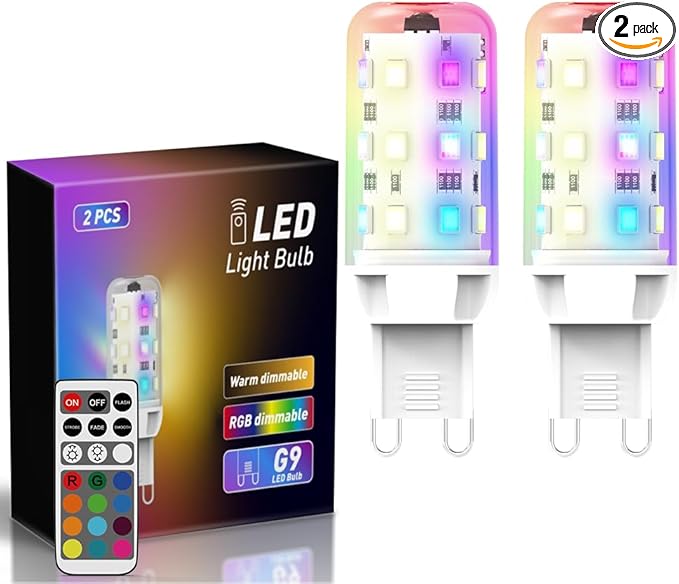 Upgraded G9 RGB Color Changing LED Light Bulbs 2w, Remote Controlled Sync & Memory 4 Moods Dimmable, No Alexa Smart/Wifi/App/Bluetooth, Replacement for 20w 25w Halogen, 150LM, 3000K (2 Pack)