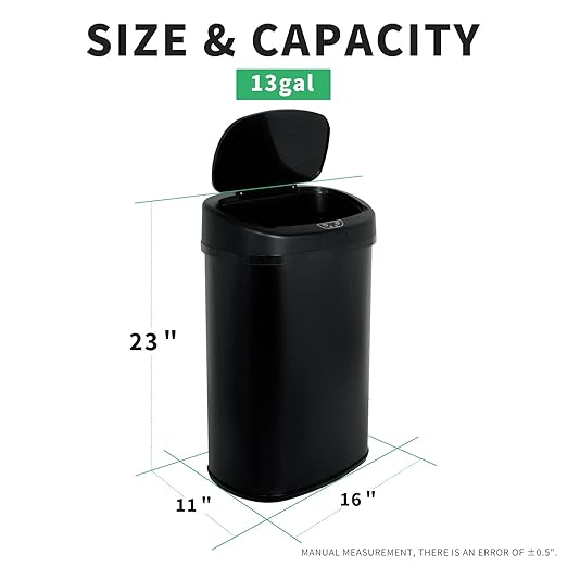 HCY Kitchen Trash Can 13 Gallon Automatic Metal Garbage Can Stainless Steel Waste Bin with Lid Smart for Kitchen,Office,Living Room,Bathroom(Black)