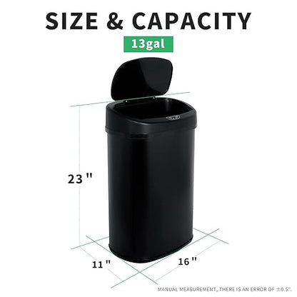 HCY Kitchen Trash Can 13 Gallon Automatic Metal Garbage Can Stainless Steel Waste Bin with Lid Smart for Kitchen,Office,Living Room,Bathroom(Black)