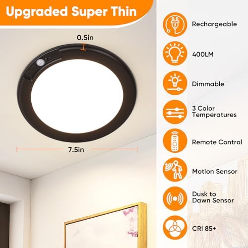 Rechargeable Motion Sensor Ceiling Light, Battery Operated Closet Light