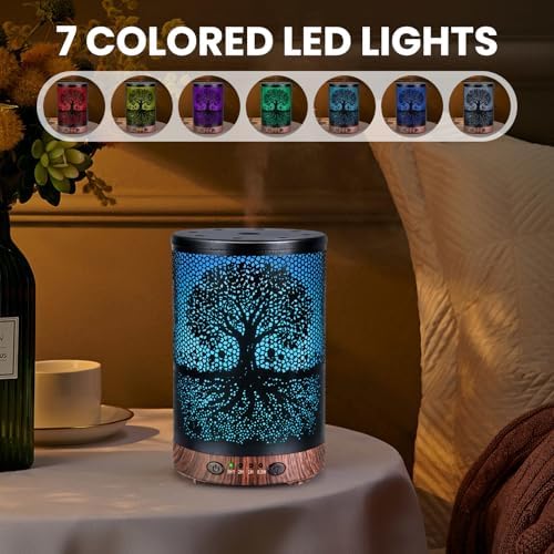 Essential Oil Diffuser 120ML Metal Aromatherapy Diffuser with Timer, Cool Mist Humidifier with Auto Shut-Off & 7 Color Lights for Home Office Spa (Life Tree)