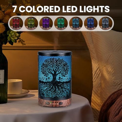 Essential Oil Diffuser 120ML Metal Aromatherapy Diffuser with Timer, Cool Mist Humidifier with Auto Shut-Off & 7 Color Lights for Home Office Spa (Life Tree)
