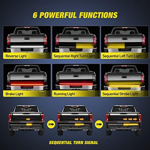 Nilight Truck Tailgate Light Strip 60" Aluminum Frame Triple Row 1200 LED Strip with Red Running Brake Lights White Reverse Light Amber Sequential Turn Signals Strobe Lights，2 Years Warranty