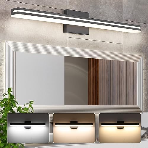 SineRise LED Modern Bathroom Vanity Light Bar (32-Inch, 3000K/4000K/6000K), Matte Black Dimmable Modern Acrylic Bathroom Wall Lighting Fixtures Over Mirror