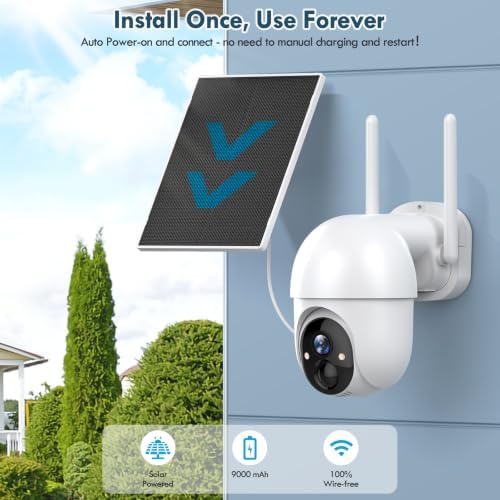 Poyasilon Solar Security Cameras Wireless Outdoor, Wireless Cameras for Home/Outdoor Security, 355°PTZ, 3MP 2K FHD WiFi Camera with Spotlight, Motion Detection, Siren, Color Night Vision, SD/Cloud