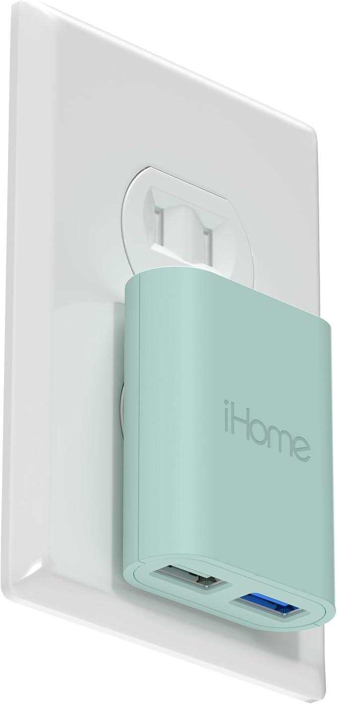 iHome Slim 2-Port USB Wall Charger, Flat Multiport Travel Plug Adapter | Dual USB-A ports, 2.4A Rapid Charge, Foldable Prongs, Slim Design, Compatible with iPhone, Android, iPad, AirPods for Home