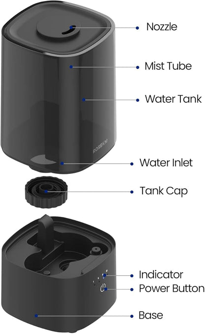 ROSEKM Humidifiers for Bedroom, 2.0L Cool Mist Humidifier for Home Plant and Baby Nursery, Quiet Ultrasonic Humidifier with 360° Nozzle, Auto Shut-Off, Filterless, Black
