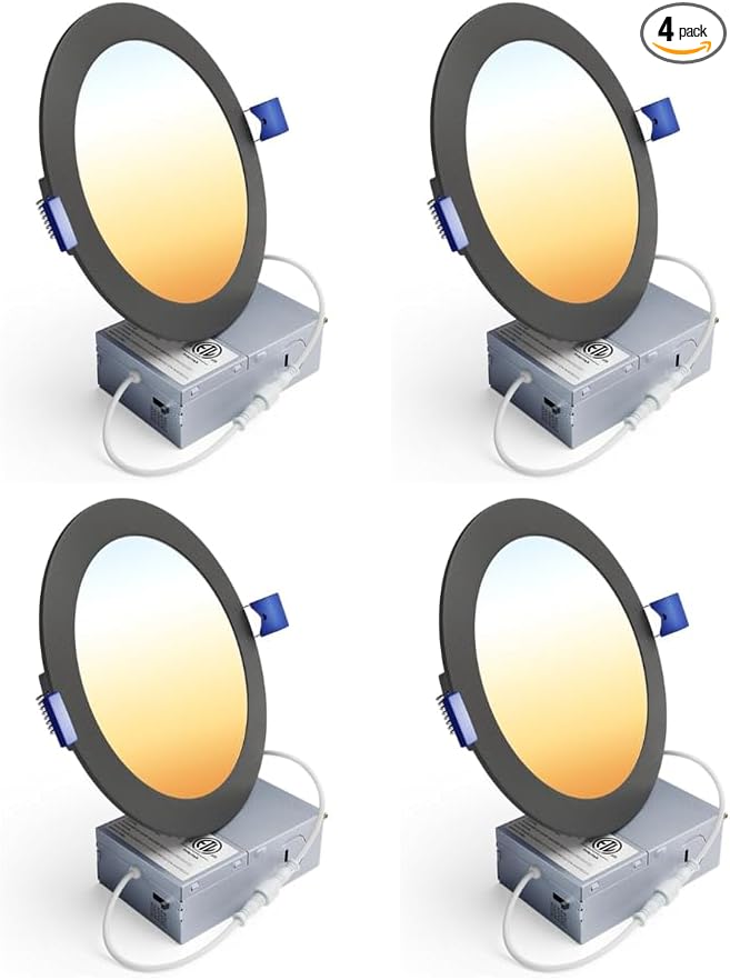 4 Pack 6 Inch LED Recessed Light, Dimmable, Damp Rated, 5CCT Selectable, 12W 1200LM, 120V, Silm Canless Wafer Ceiling Light, Black, ETL&FCC