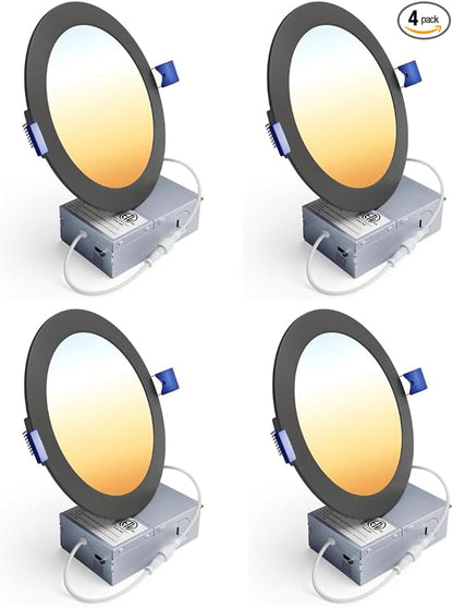 4 Pack 6 Inch LED Recessed Light, Dimmable, Damp Rated, 5CCT Selectable, 12W 1200LM, 120V, Silm Canless Wafer Ceiling Light, Black, ETL&FCC