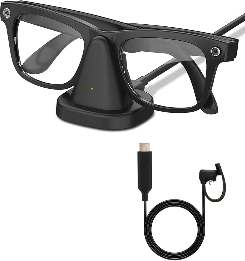 Ray-Ban Meta Charger, 2-in-1 Charging Set for Wayfarer, Headliner, Skyler - Desktop Dock (3.3ft) & Wearable Cable (4.9ft) - Portable Charging Solution for Travel, Office, Home, Meta Glasses Charger