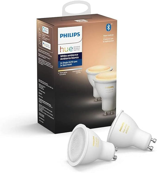 Philips Hue White Ambiance 2-Pack LED Smart GU10 Bulb, Bluetooth & Zigbee Compatible (Hue Hub Optional), Voice Activated with Alexa (Renewed)